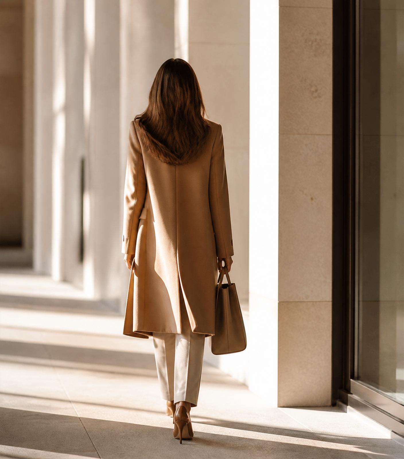 A person in a camel coat walking through a sunlit modern corridor