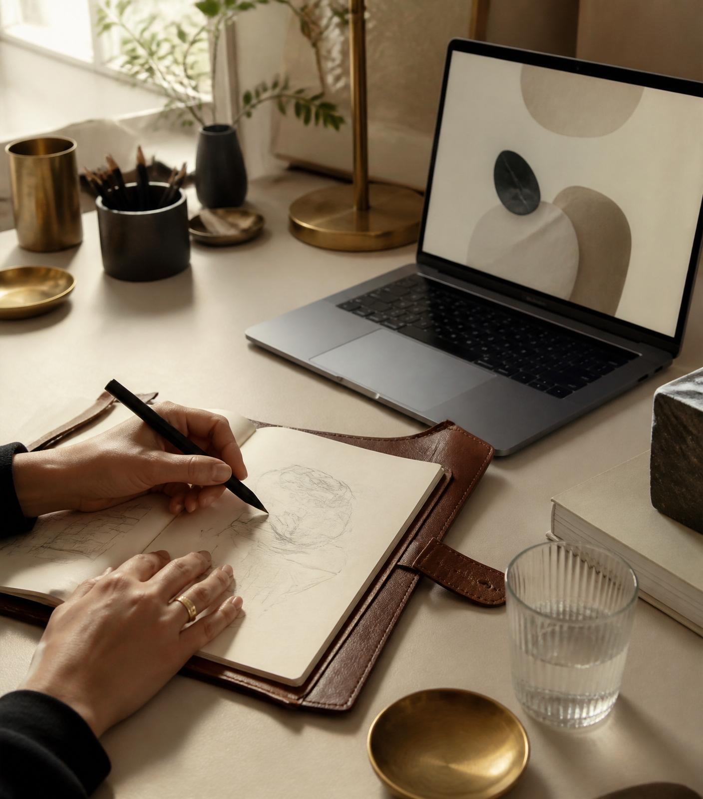 Hands sketching in a leather notebook beside a laptop showing soft abstract shapes